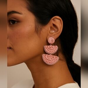 NWT On 34th Woven Raffia And Seed Bead Dangle Earrings